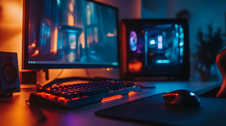 Explore a vibrant gaming setup that highlights cutting-edge technology and immersive design.の素材
