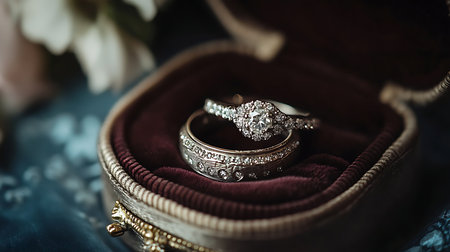 A stunning close-up of wedding rings nestled in a velvet box symbolizing love and commitment.の素材