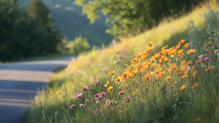 A picturesque view of wildflowers flourishing by the roadside showcasing nature's beauty.の素材