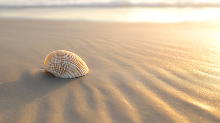 A beautiful shell rests on the smooth sand epitomizing tranquility at sunset.の素材