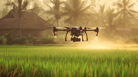 A drone captures stunning visuals of rice fields in Bali showcasing modern farming techniques at sunrise.の素材