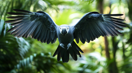A stunning gray bird soars gracefully through a vibrant tropical rainforest embodying the essence of wildlife.の素材