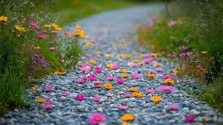 A picturesque pathway adorned with colorful flowers invites serenity and beauty in nature.の素材