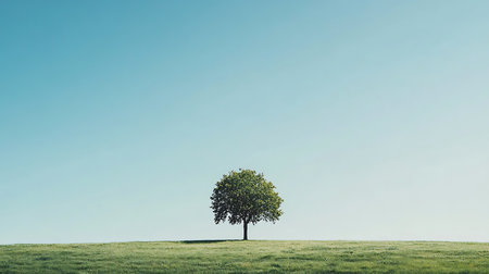 A solitary tree majestically rises on a hill showcasing nature's tranquil beauty.の素材