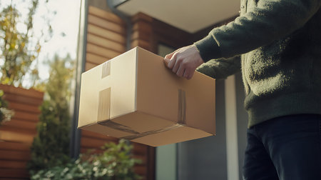A person receives a package at home highlighting the ease of online shopping and delivery services.の素材