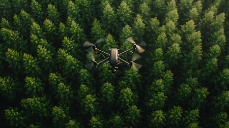A serene drone shot reveals the lush greenery of a forest in early morning light.の素材