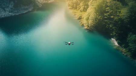 Witness a drone gliding over a calm picturesque lake surrounded by lush greenery.の素材