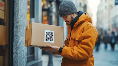 A man examines a delivery box on a bustling city street showcasing modern delivery culture.の素材