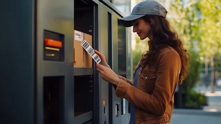 A woman checks her package from a smart locker in a vibrant urban environment.の素材