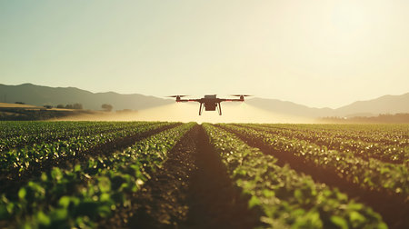 Discover how drones enhance farming efficiency and crop management in sunlit fields.の素材