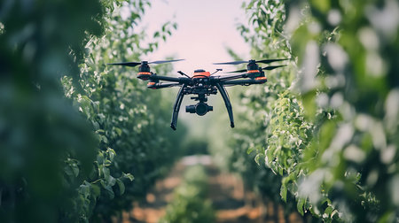 A drone flies over orchard crops capturing aerial views to enhance agricultural efficiency.の素材