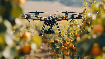 A drone captures stunning aerial footage of an orange orchard showcasing agricultural innovation.の素材