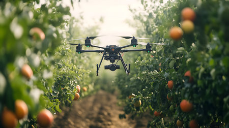 A drone surveys an orchard showcasing advanced farming techniques for fruit production.の素材