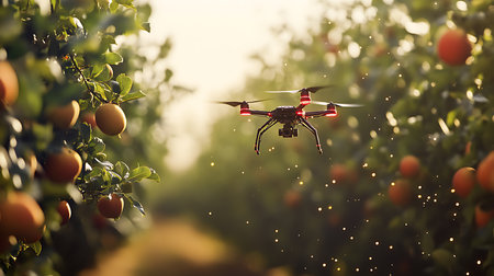 A drone flies over a sunlit orange orchard showcasing advanced agriculture technology in action.の素材