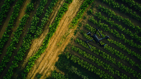 A drone captures stunning aerial views of lush vineyard fields in a serene rural landscape.の素材