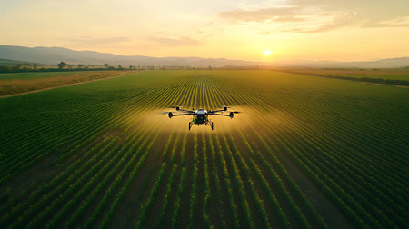 A drone surveys lush green fields during golden hour capturing nature's beauty.の素材