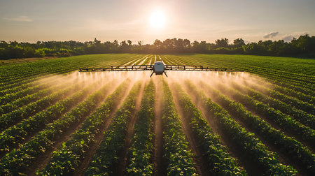 Aerial view of a farm showcasing a sprayer at work enhancing crop health during golden hour.の素材