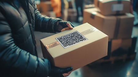 A person prepares to scan a QR code on a package in a busy logistics facility.の素材