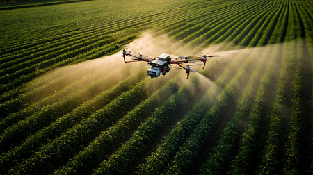 A drone efficiently sprays pesticides over vast agricultural fields showcasing advanced farming techniques.の素材