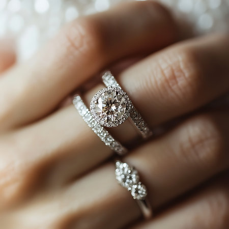 Elegant wedding ring showcase jewelry store product photography indoor close-up luxury accessoriesの素材