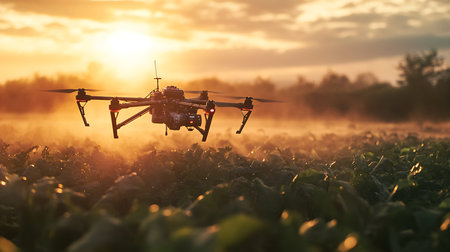 Drone flying over agricultural fields at sunset nature photography aerial view serenity and technologyの素材