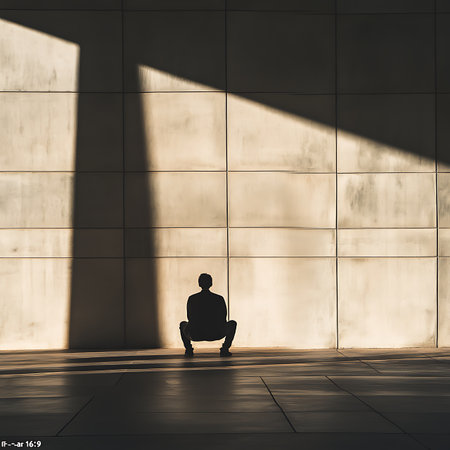 Contemplative individual in minimalist architecture urban setting artistic photography natural light introspective moodの素材