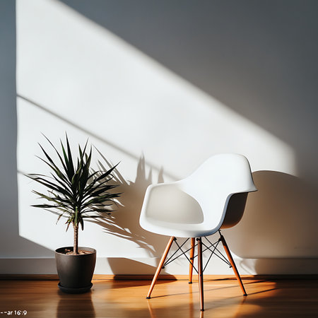 Serene indoor decor with modern chair and potted plant minimalist style sunlit room aesthetic interior designの素材