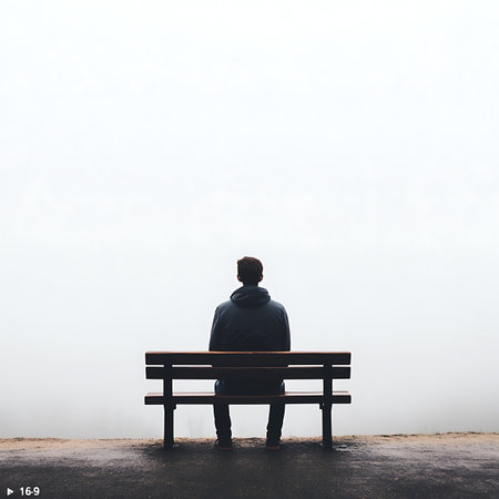 Contemplative moment of a person sitting alone on a bench in foggy environment serene landscape human reflectionの素材