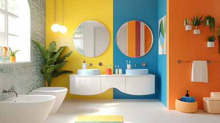 Vibrant bathroom renovation modern home interior design contemporary style fresh color palette aesthetic appealの素材