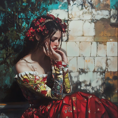 Portrait of a melancholic woman in a floral dress vintage setting artwork indoor close-up emotionの素材