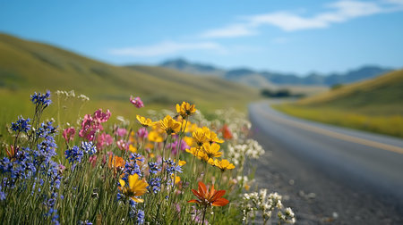 Colorful wildflower bloom along serene country road scenic landscape bright daylight nature photographyの素材