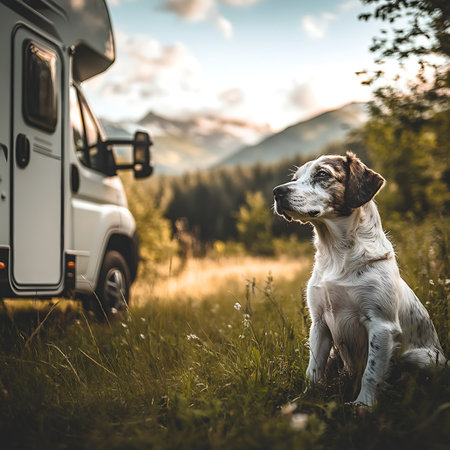 Exploring nature with a dog adventure camping in a scenic landscape rv life outdoor serenityの素材