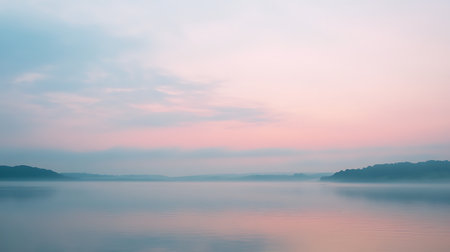 Tranquil sunrise over calm lake nature landscape photography serene environment peaceful viewpointの素材