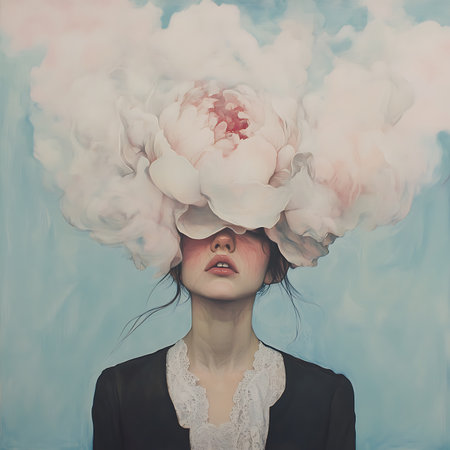 Surreal artistic expression with floral elements studio portrait photography dreamlike atmosphere close-up view conceptual artの素材