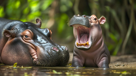 Hippos relaxing in the water african riverbank wildlife photography natural habitat close-up animal behaviorの素材