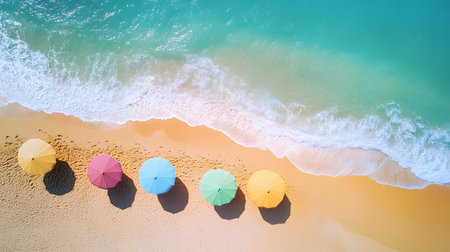 Relaxing beach day with colorful umbrellas tropical shoreline aerial view serene environment for vacation vibesの素材
