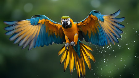 Colorful macaw in flight lush green forest wildlife photography tropical environment close-up vibrant natureの素材