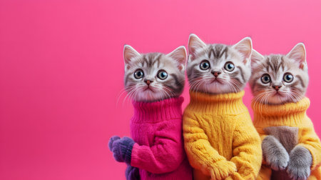 Playful kittens in colorful sweaters studio setting pet photography cute and cozy environment adorable perspectiveの素材