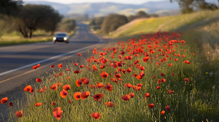 Vibrant poppy fields along a scenic highway california photography natural landscape captured from roadside perspectiveの素材