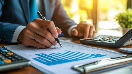 A professional analyzes financial data using charts and calculations in a bright office.の素材