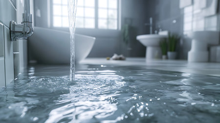A serene bathroom scene captures water overflowing showcasing modern design and tranquility.の素材