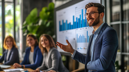 A confident presenter shares insights with colleagues highlighting data-driven strategies for success.の素材