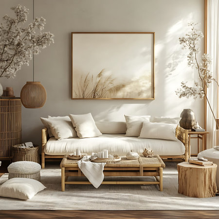 A serene living room featuring soft textures and natural elements for a calming ambiance.の素材