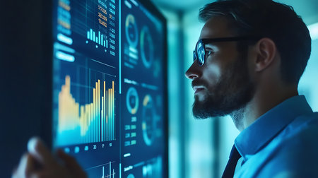 A deep dive into data visualization as a professional analyzes digital graphs and metrics.の素材