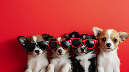 Playful puppies in sunglasses posing against a bright red background fun pet photography indoor settingの素材
