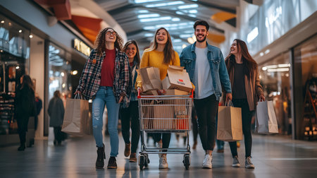 Exciting shopping experience with friends at a bustling mall lifestyle photography daylight atmosphereの素材