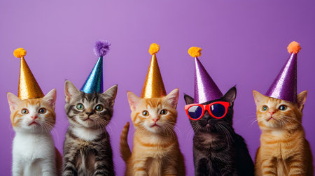 Festive cats celebrating with party hats indoor setting colorful environment playful atmosphereの素材