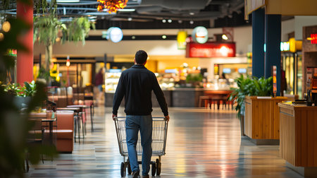 Shopping experience at a modern mall food court indoor environment perspective of a shopper with a cartの素材