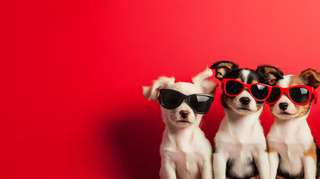 Playful dogs wearing sunglasses studio setting photography vibrant red background close-up view fun conceptの素材