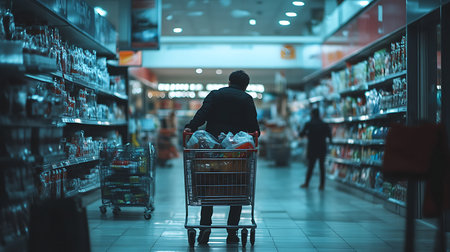 Shopping experience at supermarket urban setting lifestyle content evening atmosphere rear view consumer behaviorの素材